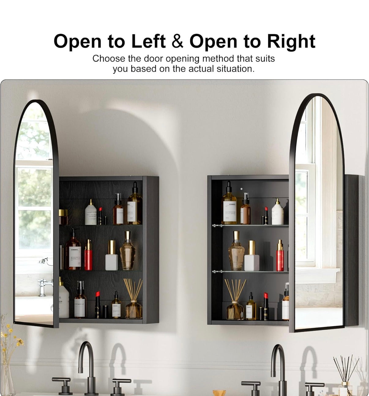 Medicine Cabinet -  20” x 30” Brushed Black Arched with Mirror, Wall Mount Bathroom Storage Cabinet, Surface Mount