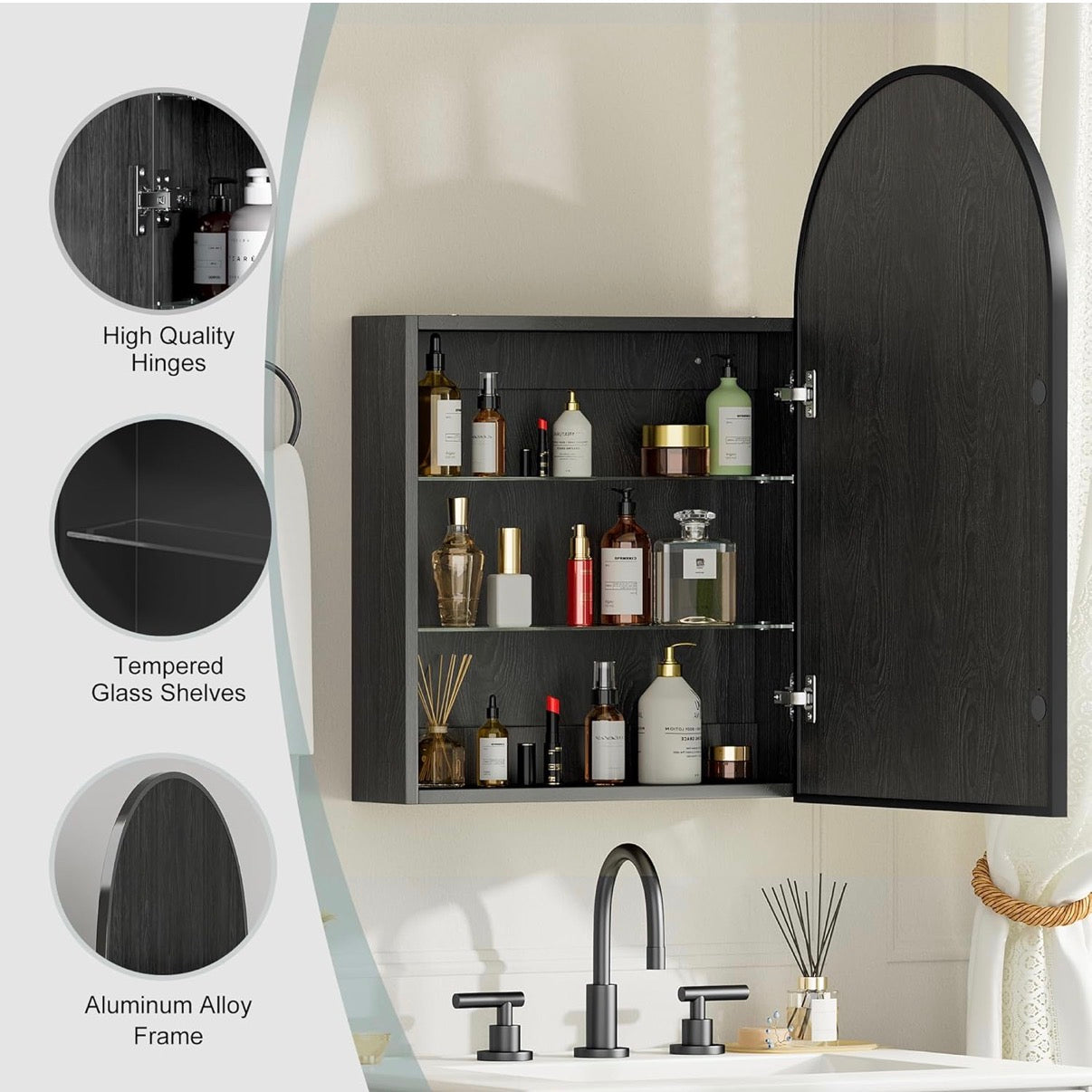 Medicine Cabinet -  20” x 30” Brushed Black Arched with Mirror, Wall Mount Bathroom Storage Cabinet, Surface Mount