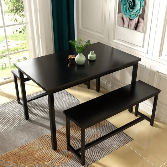 Dining Set - 48” x 29” 3-Piece Modern Dining Furniture Set with Benches, Black (small damage to top, see all photos)