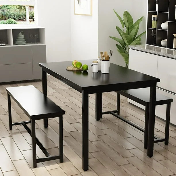 Dining Set - 3-Piece Modern Dining Furniture Set with Benches, Black