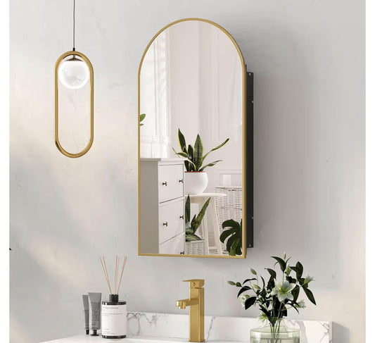 Medicine Cabinet - 16” x 30” Mepplzian Medicine Cabinet, Brushed Brass Gold Arched