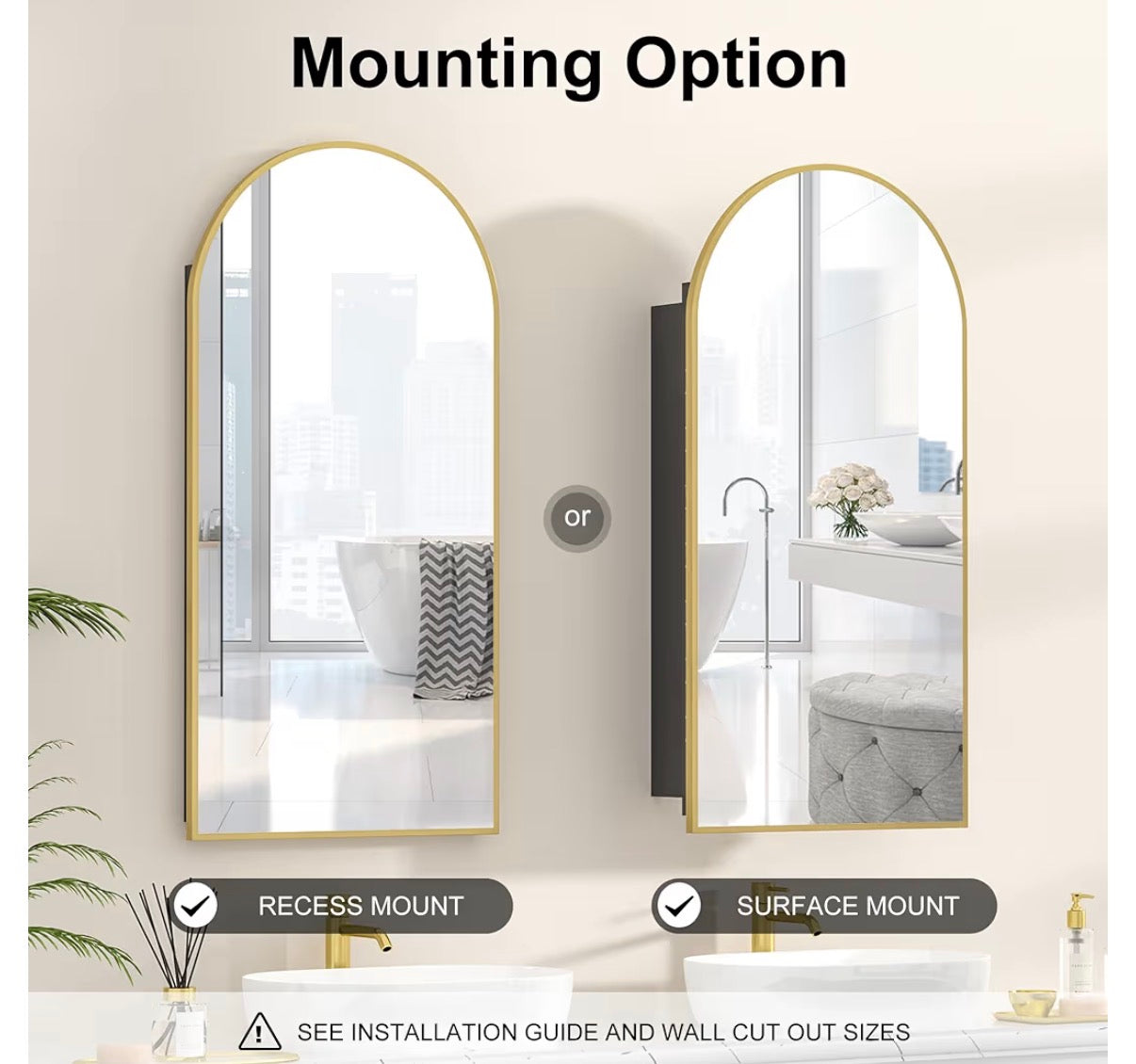 Medicine Cabinet - 16” x 30” Mepplzian Medicine Cabinet, Brushed Brass Gold Arched