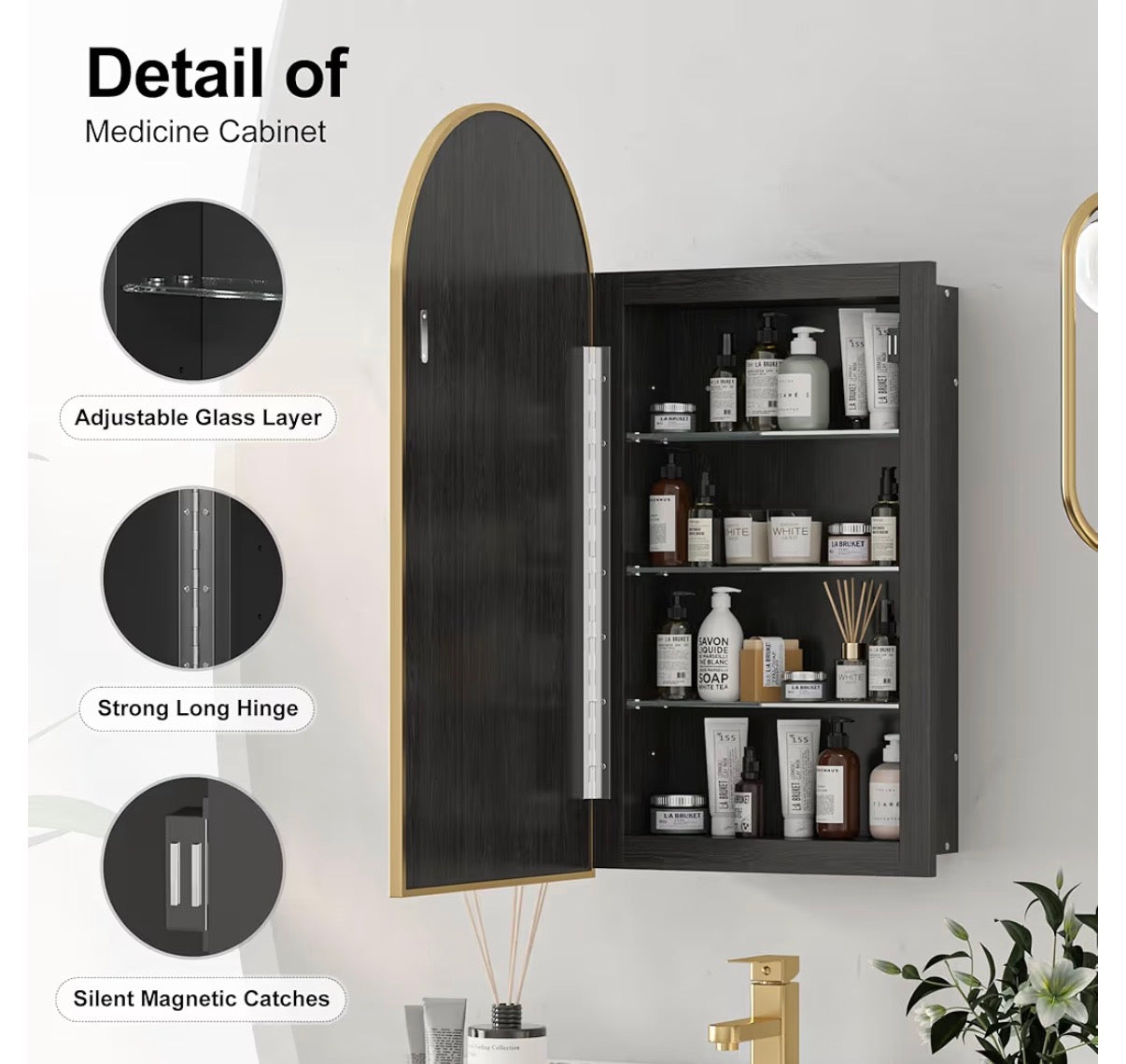 Medicine Cabinet - 16” x 30” Mepplzian Medicine Cabinet, Brushed Brass Gold Arched