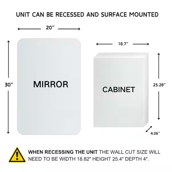 Medicine Cabinet - 20 in. W x 30 in. H Tomace Rectangular Recess and Surface Mount Frameless Medicine Cabinet with Mirror
