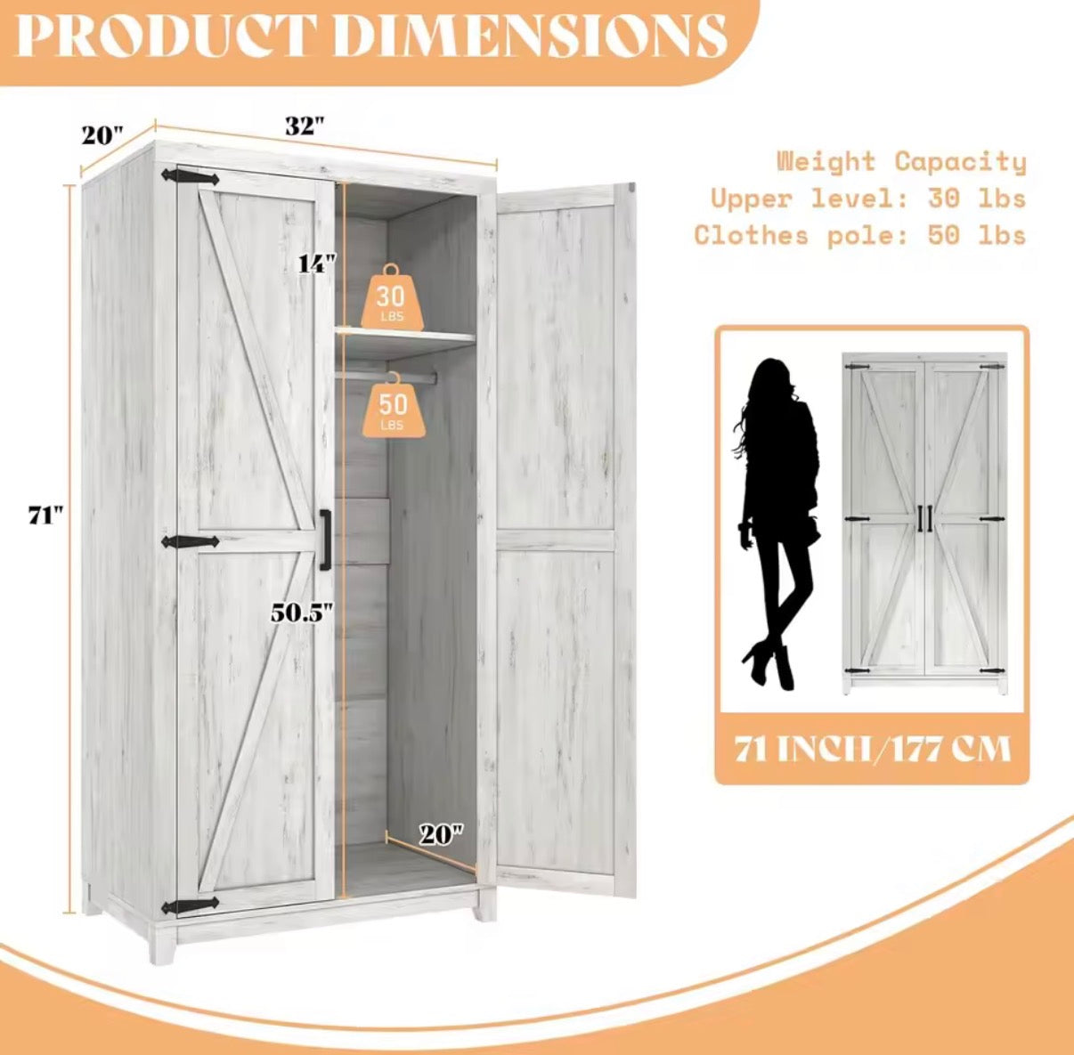 Armoire - 70” Greige Farmhouse Armoire