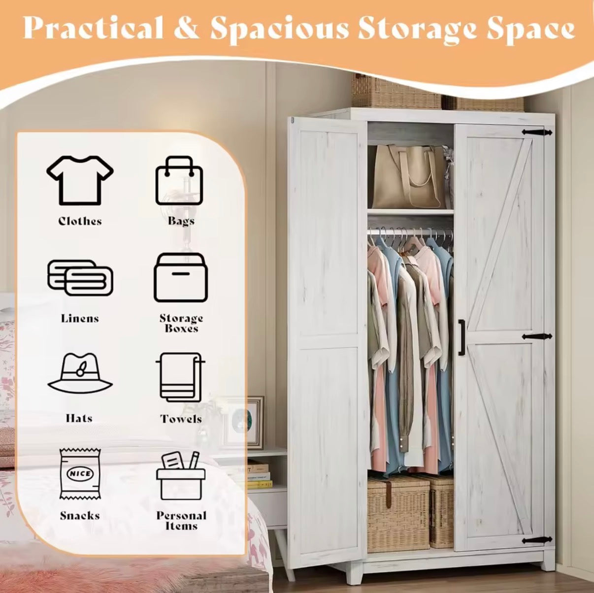 Armoire - 70” Greige Farmhouse Armoire