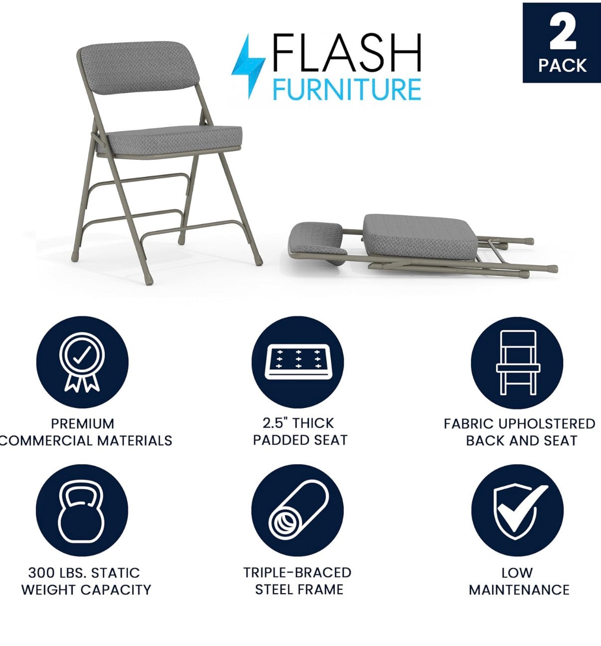 Folding Chairs Set of 2 - Flash Furniture Gray Metal Folding Chair with 2 1/2" Padded Fabric Seat
