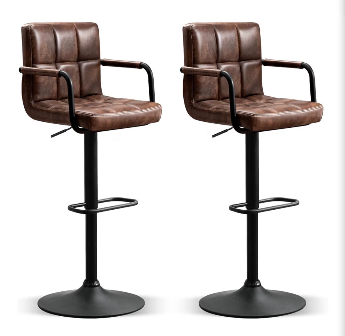 Barstool Set of 2 - Modern Square PU Leather Kitchen Stools with Armrest, Adjustable Counter Height Barstools for Kitchen Bar Pub Cafe (Darkbrown)