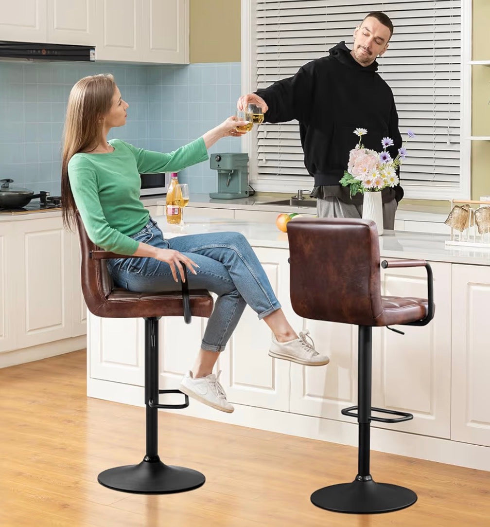 Barstool Set of 2 - Modern Square PU Leather Kitchen Stools with Armrest, Adjustable Counter Height Barstools for Kitchen Bar Pub Cafe (Darkbrown)