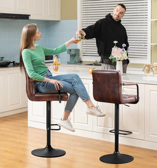 Barstool Set of 2 - Modern Square PU Leather Kitchen Stools with Armrest, Adjustable Counter Height Barstools for Kitchen Bar Pub Cafe (Darkbrown)