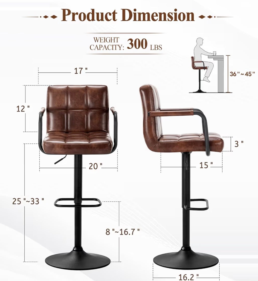 Barstool Set of 2 - Modern Square PU Leather Kitchen Stools with Armrest, Adjustable Counter Height Barstools for Kitchen Bar Pub Cafe (Darkbrown)