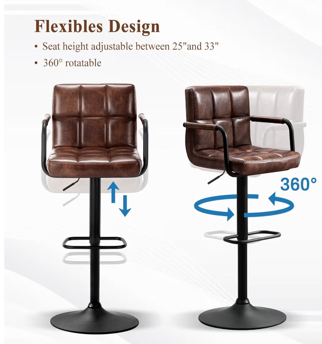 Barstool Set of 2 - Modern Square PU Leather Kitchen Stools with Armrest, Adjustable Counter Height Barstools for Kitchen Bar Pub Cafe (Darkbrown)