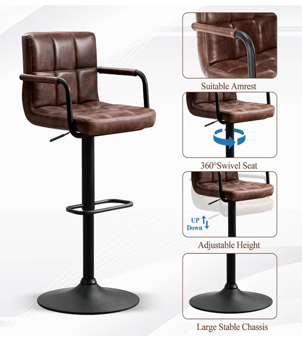 Barstool Set of 2 - Modern Square PU Leather Kitchen Stools with Armrest, Adjustable Counter Height Barstools for Kitchen Bar Pub Cafe (Darkbrown)