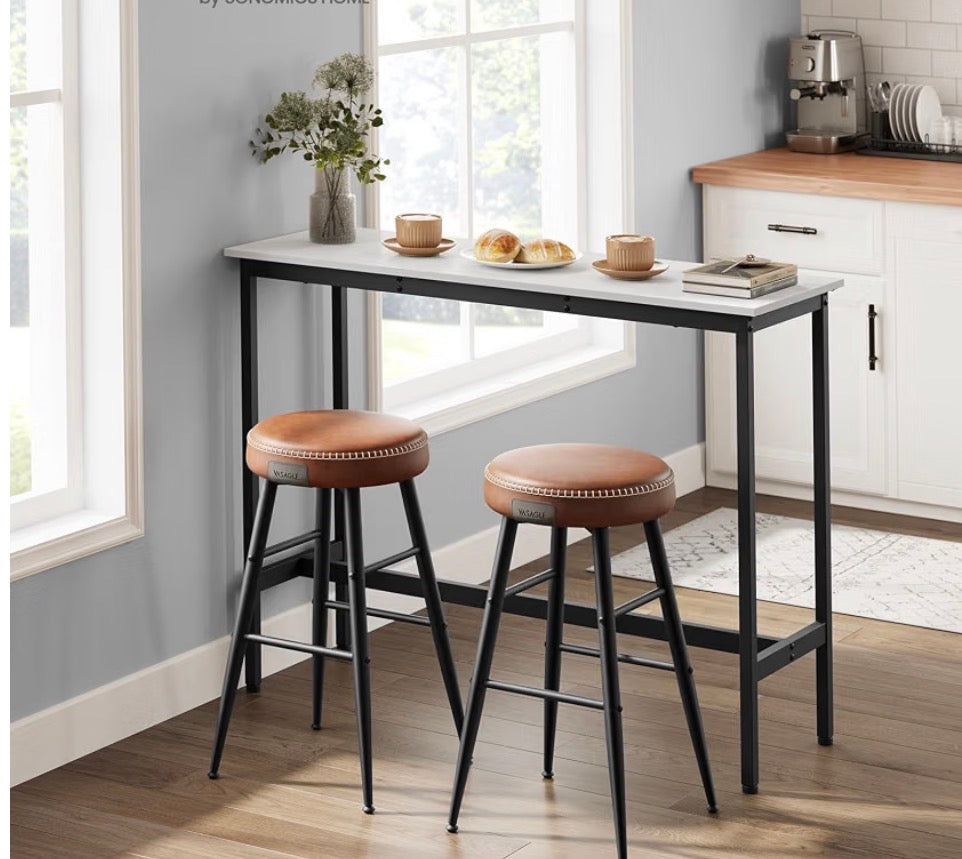 Dining Table - 15.7 x 47.25” x 41.25” High Top Pub Table Matte Black Metal and Faux Marble Top