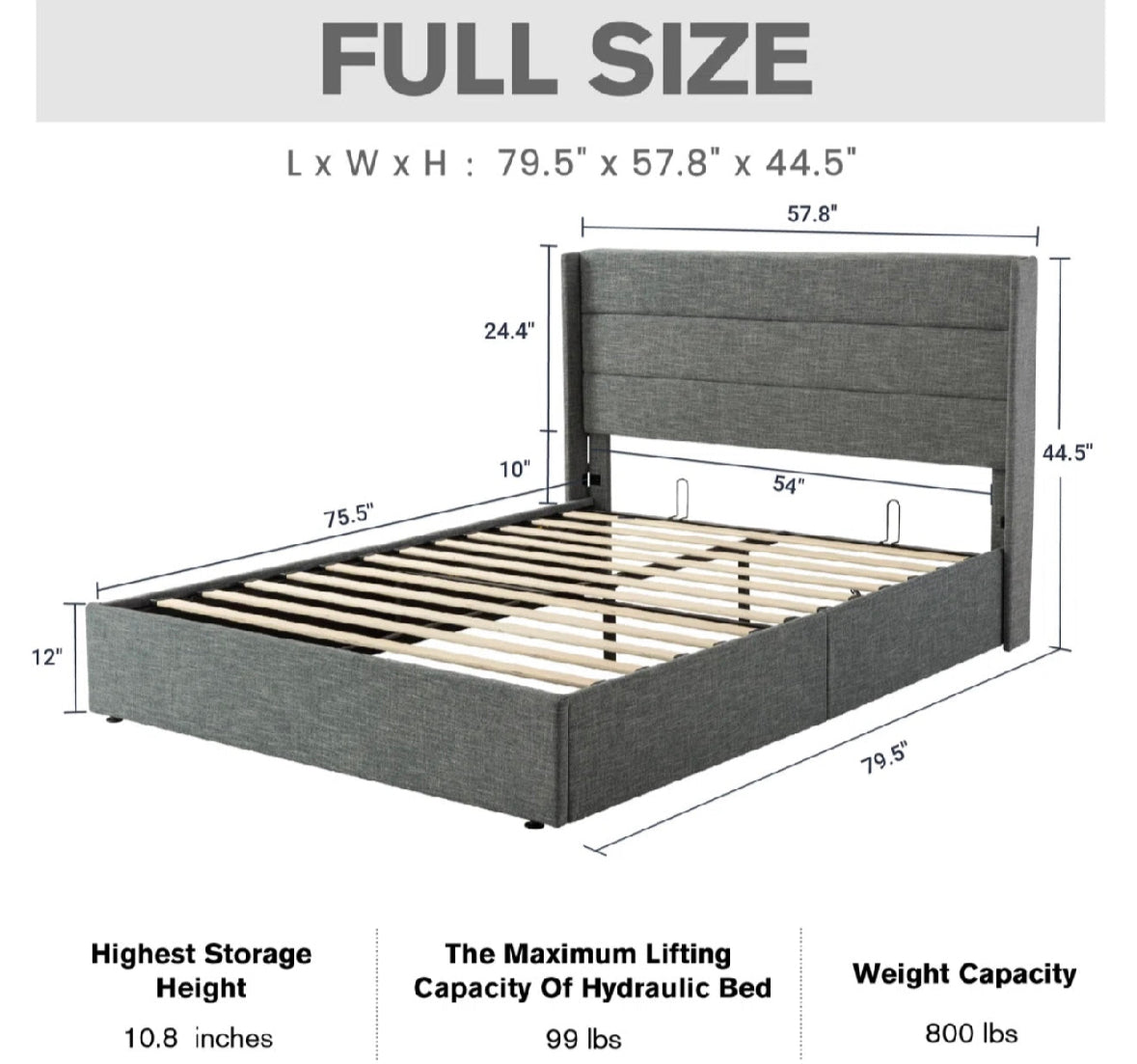 Bed - Full Size Braya Hydraulic Lift Up Blue Gray Storage Platform - WF9.25.25