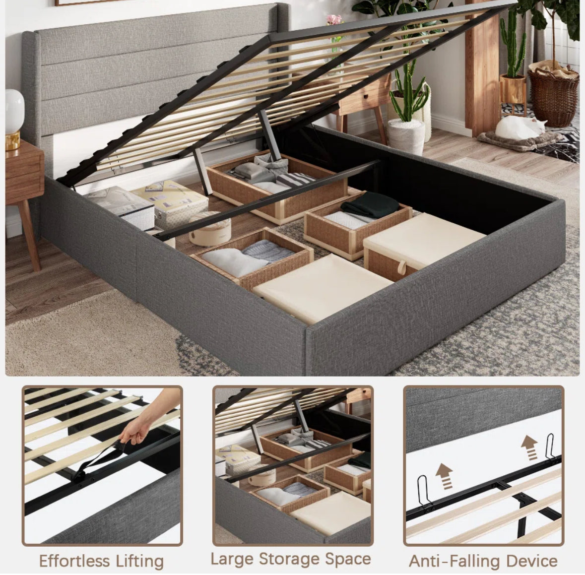 Bed - Full Size Braya Hydraulic Lift Up Blue Gray Storage Platform - WF9.25.25