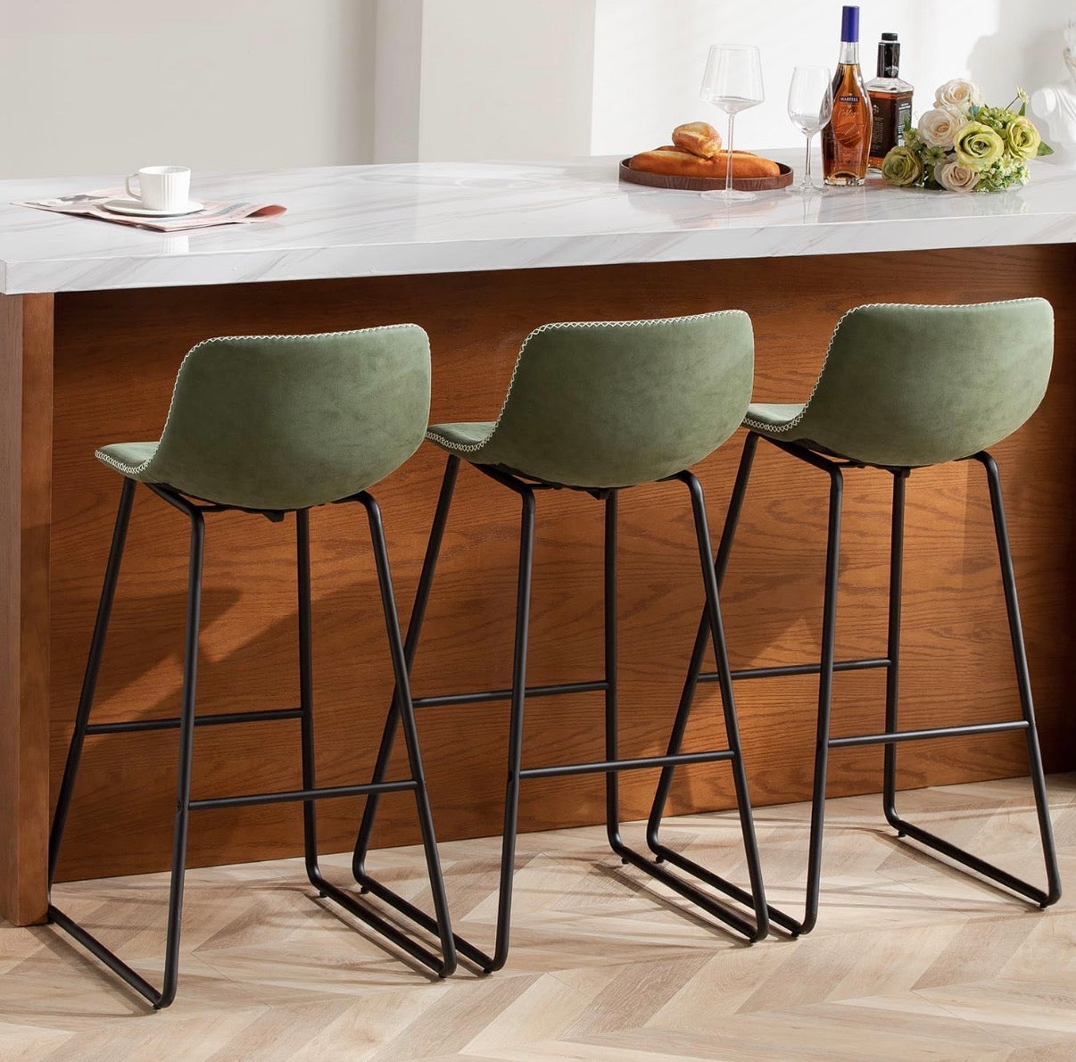 Barstool Set of 3 - 30” Green Bar Stools Metal Legs Faux Leather