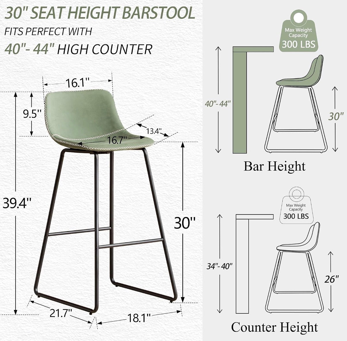 Barstool Set of 3 - 30” Green Bar Stools Metal Legs Faux Leather