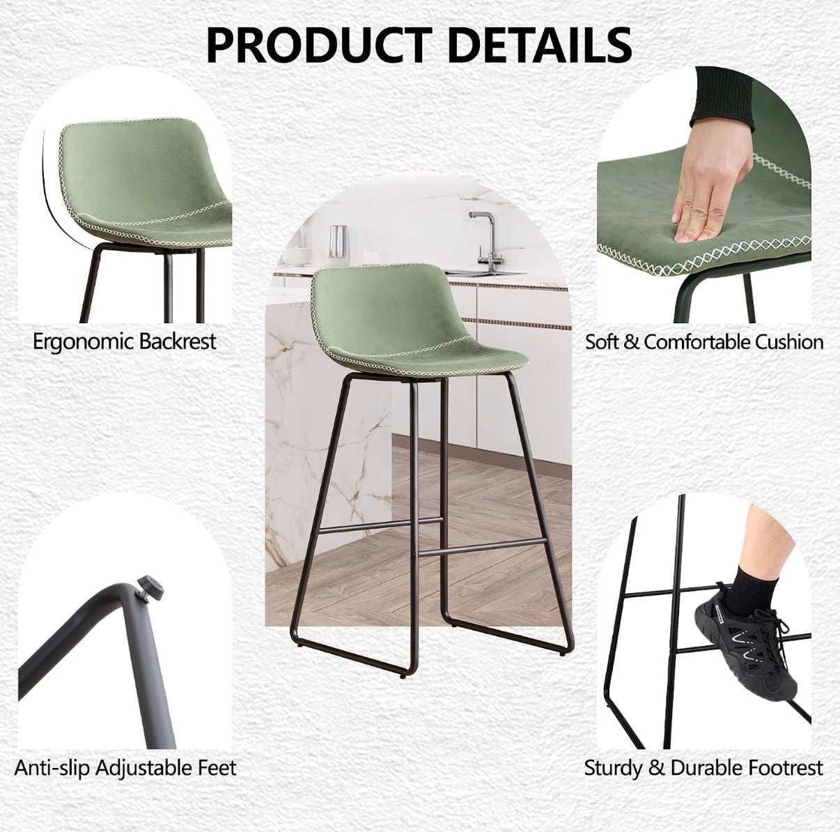 Barstool Set of 3 - 30” Green Bar Stools Metal Legs Faux Leather