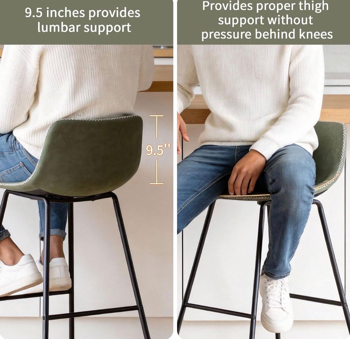 Barstool Set of 3 - 30” Green Bar Stools Metal Legs Faux Leather