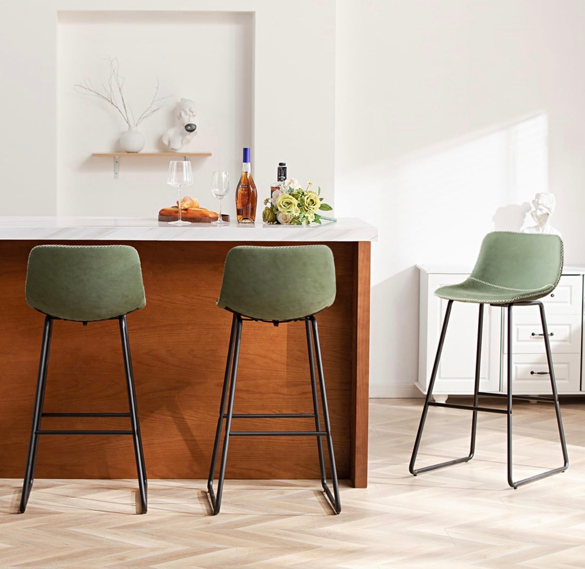 Barstool Set of 3 - 30” Green Bar Stools Metal Legs Faux Leather