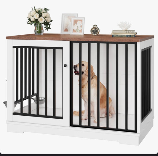 Dog Crate - 47.2''W Sturdy Large Dog Crate Furniture with 2 Feeding Bowls