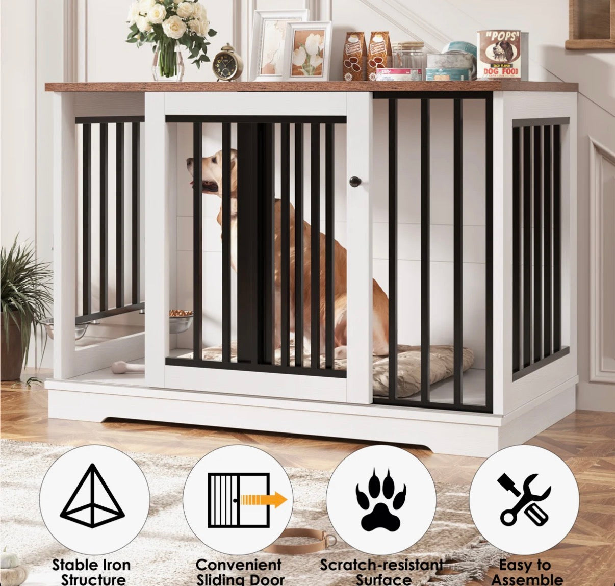 Dog Crate - 47.2''W Sturdy Large Dog Crate Furniture with 2 Feeding Bowls