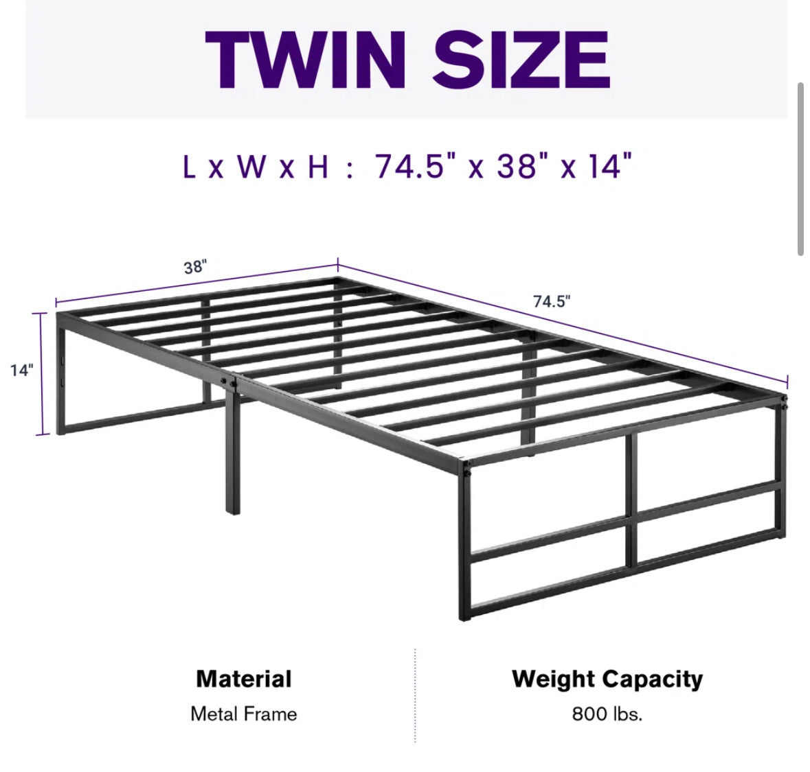 Bed - Twin Size Aula 14" Metal Platform Bed - WF9.25.25