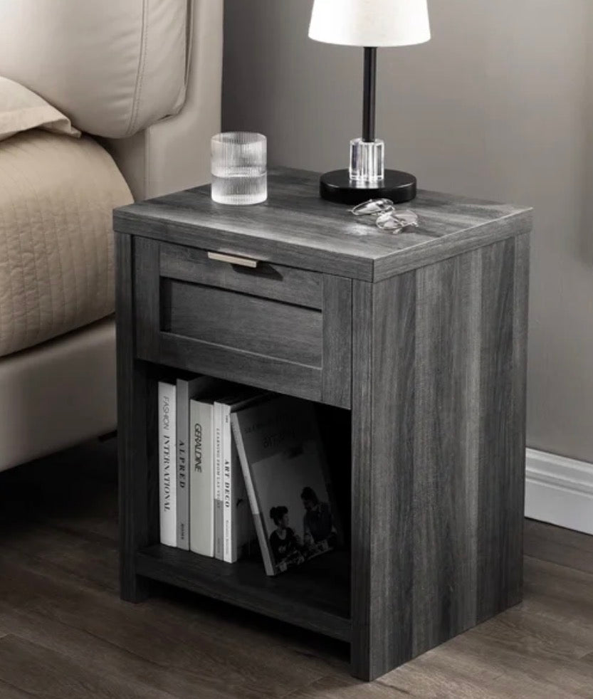 End Table/Nightstand - OAKHAM Farmhouse Nightstand, Boho End Table with Drawer and Open Shelf, Bedside Table for Bedroom Living Room, Midnight Oak