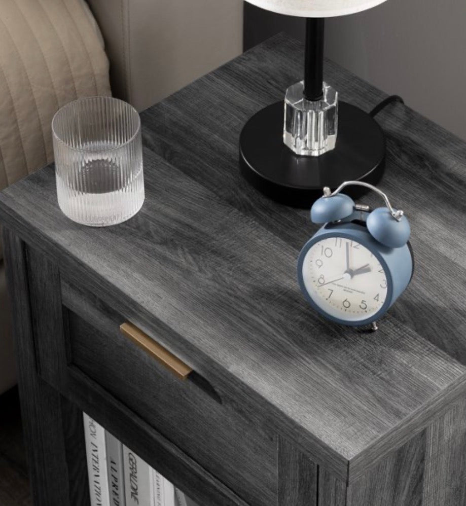 End Table/Nightstand - OAKHAM Farmhouse Nightstand, Boho End Table with Drawer and Open Shelf, Bedside Table for Bedroom Living Room, Midnight Oak