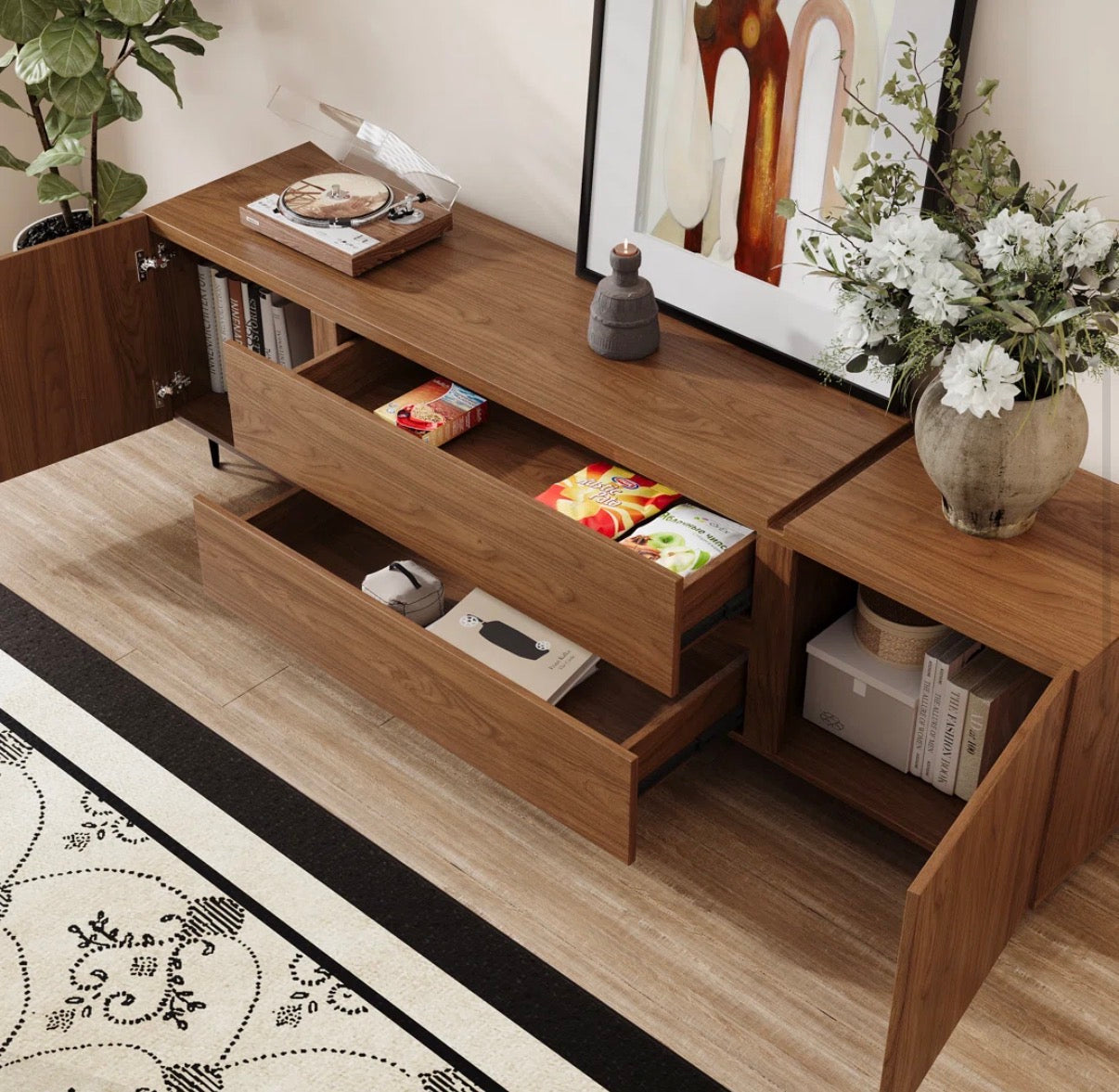 Media Console - 71” Walnut Wood Mid-Century Modern TV stand (some damage see all photos)