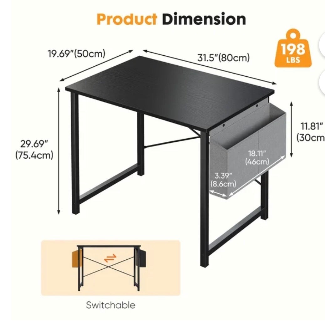 Desk - CONCETTA 31 Inch Computer Writing Desk with Storage Bag, Steel Frame for Home Office Study, Black
