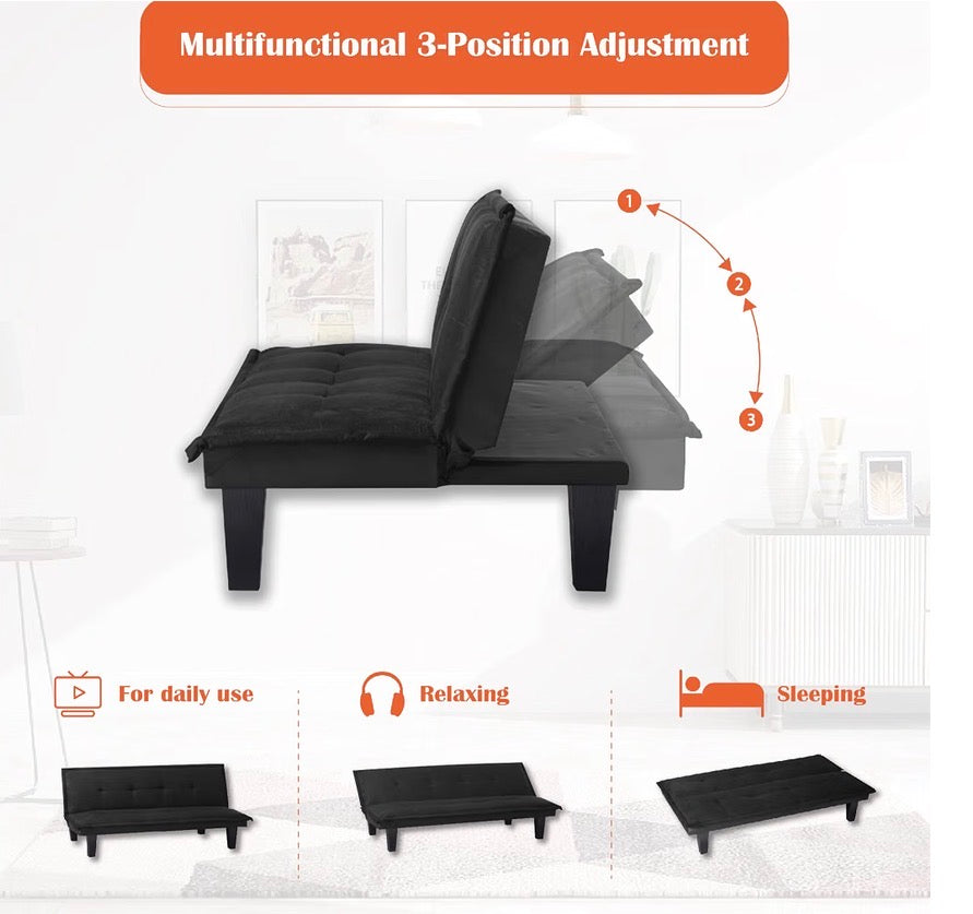 Sofa - KELRIA Convertible Folding Sofa Bed, Modern Futon Upholstered Couch Backrest, 3 Angles Adjustable Back, Black