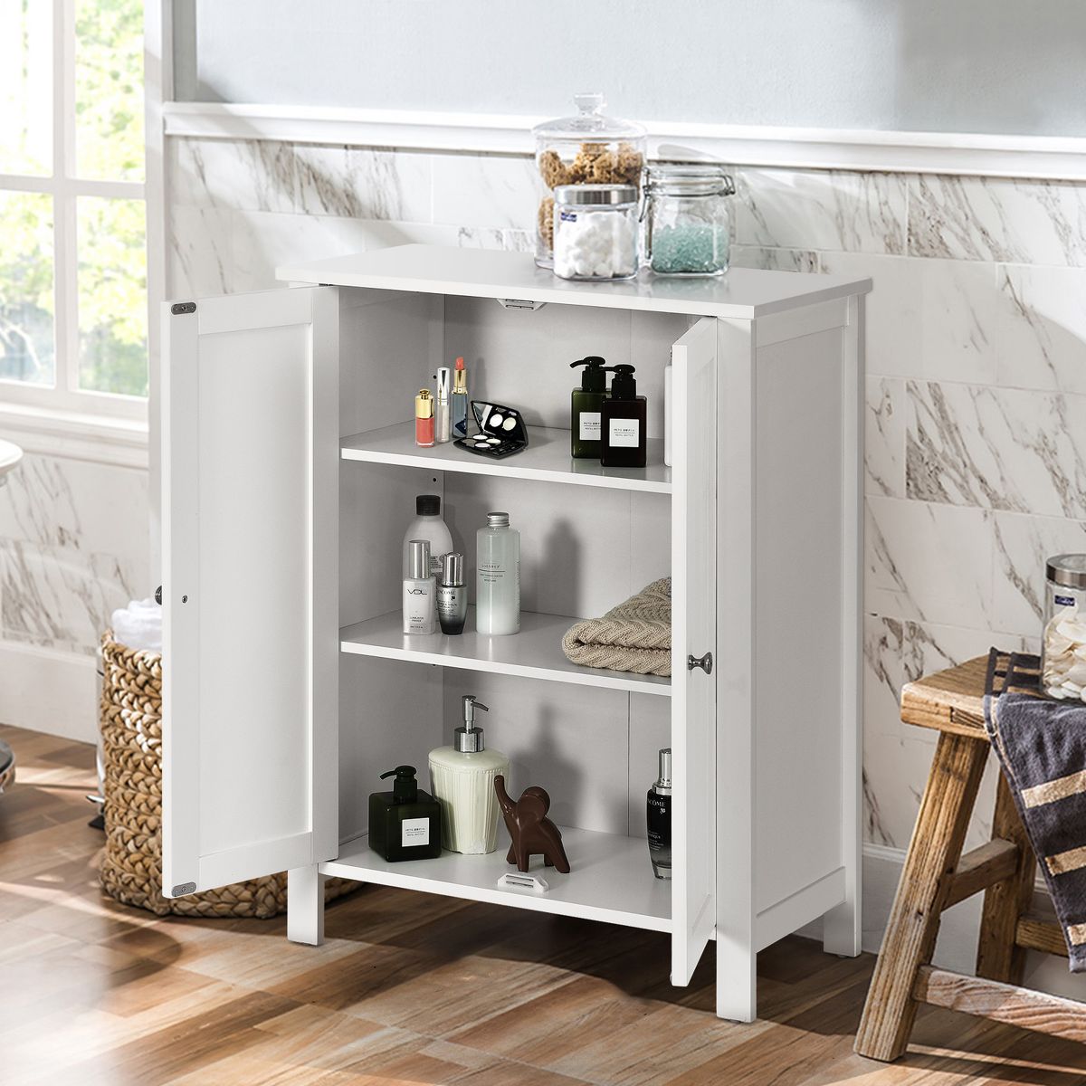 Cabinet - Costway 2-Door Bathroom Floor Storage Cabinet Space Saver Organizer White ( see all photos)