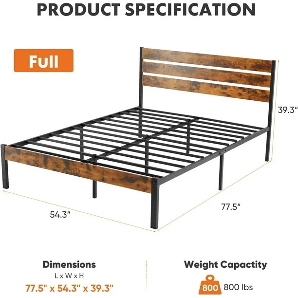 Bed - Full Size Simenmax Full Size Bed Frame with Headboard, Mattress Foundation with All Sturdy Metal Support, Under Bed Storage, No Box Spring Needed, Rust Brown