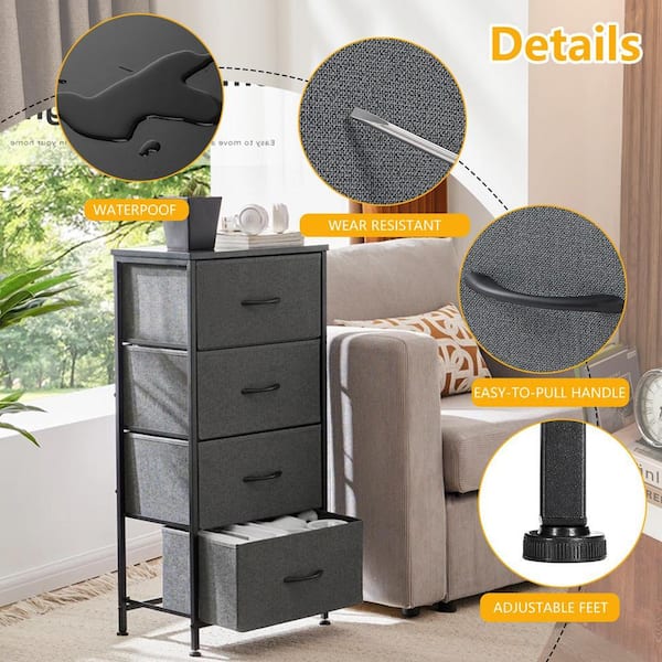 Fabric Drawer Dresser - Classical Gray 4 Drawer 11.8 in. Wide Chest of Drawers with Wood Top Fabric Bins for Bedroom