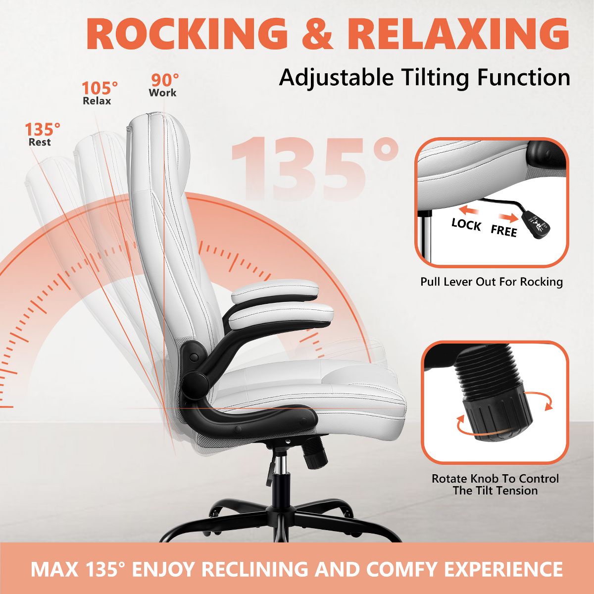Office Chair - KERDOM Adjustable Office Desk Chair, Ergonomic Executive Chair with Padded Headrest and Armrests, White