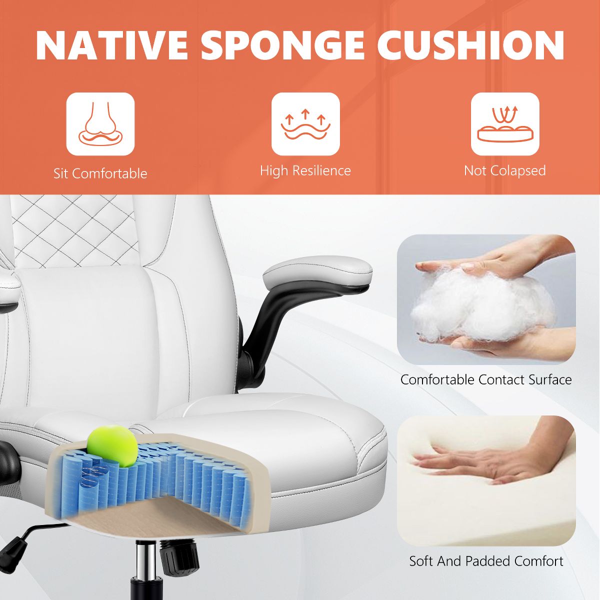 Office Chair - KERDOM Adjustable Office Desk Chair, Ergonomic Executive Chair with Padded Headrest and Armrests, White