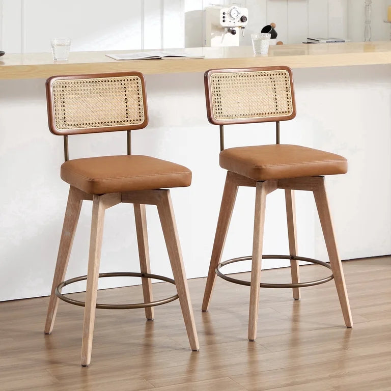 Barstool Set of 2 - 26” Zesthouse 26.2" Swivel Counter Height Bar Stools Set of 2, Upholstered Faux Leather Counter Stools with Rattan Back, Mid Century Barstools with Solid Wood Frame for Kitchen Island, Brown
