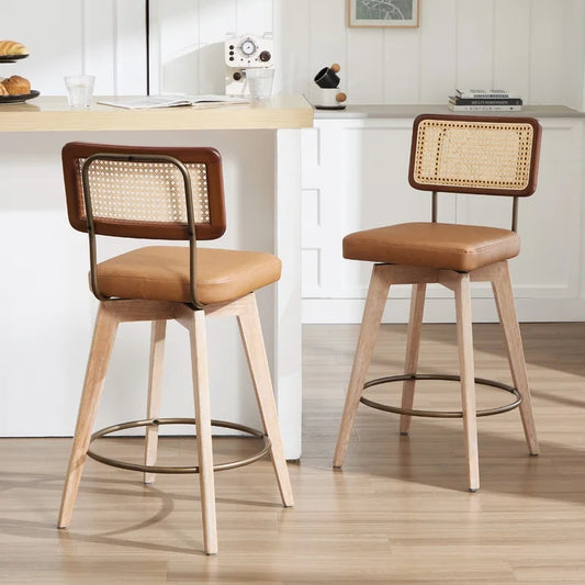 Barstool Set of 2 - 26” Zesthouse 26.2" Swivel Counter Height Bar Stools Set of 2, Upholstered Faux Leather Counter Stools with Rattan Back, Mid Century Barstools with Solid Wood Frame for Kitchen Island, Brown