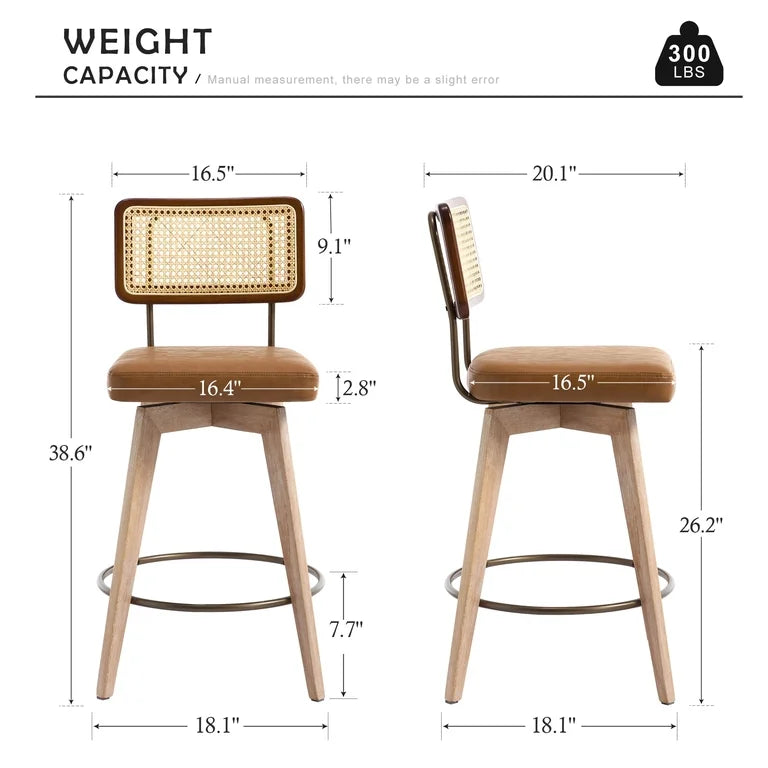 Barstool Set of 2 - 26” Zesthouse 26.2" Swivel Counter Height Bar Stools Set of 2, Upholstered Faux Leather Counter Stools with Rattan Back, Mid Century Barstools with Solid Wood Frame for Kitchen Island, Brown