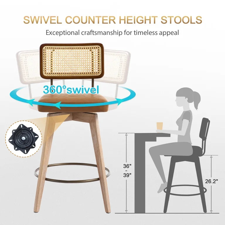Barstool Set of 2 - 26” Zesthouse 26.2" Swivel Counter Height Bar Stools Set of 2, Upholstered Faux Leather Counter Stools with Rattan Back, Mid Century Barstools with Solid Wood Frame for Kitchen Island, Brown