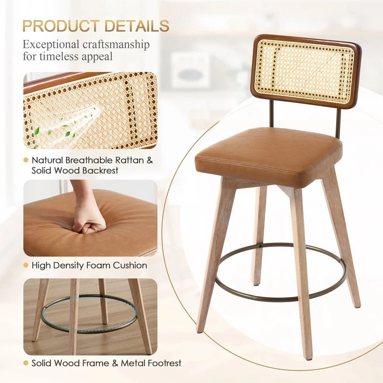 Barstool Set of 2 - 26” Zesthouse 26.2" Swivel Counter Height Bar Stools Set of 2, Upholstered Faux Leather Counter Stools with Rattan Back, Mid Century Barstools with Solid Wood Frame for Kitchen Island, Brown
