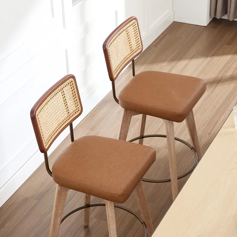 Barstool Set of 2 - 26” Zesthouse 26.2" Swivel Counter Height Bar Stools Set of 2, Upholstered Faux Leather Counter Stools with Rattan Back, Mid Century Barstools with Solid Wood Frame for Kitchen Island, Brown