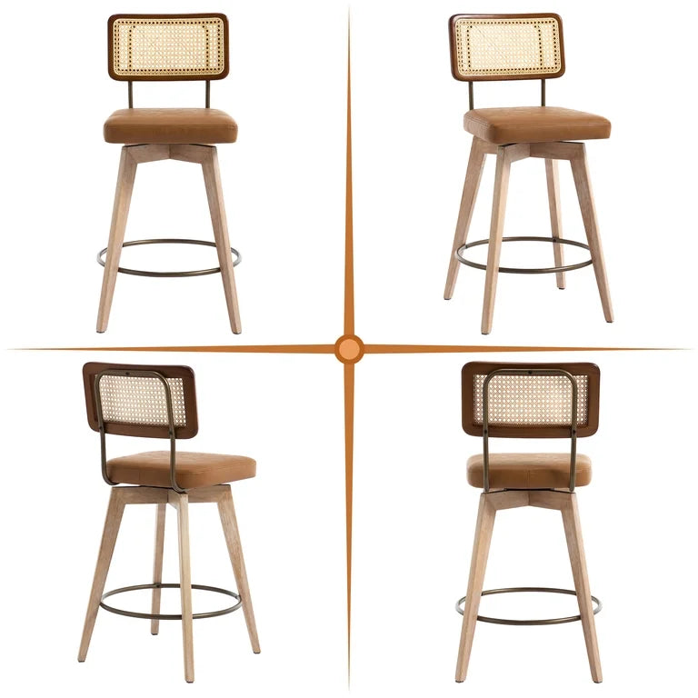 Barstool Set of 2 - 26” Zesthouse 26.2" Swivel Counter Height Bar Stools Set of 2, Upholstered Faux Leather Counter Stools with Rattan Back, Mid Century Barstools with Solid Wood Frame for Kitchen Island, Brown