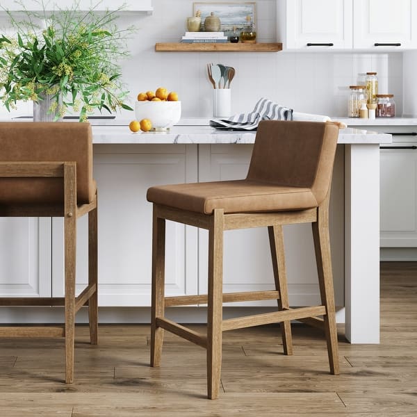 Barstool Set of 2 - 24” Gracie Modern Upholstered and Brushed Wooden Legs - Light Brown