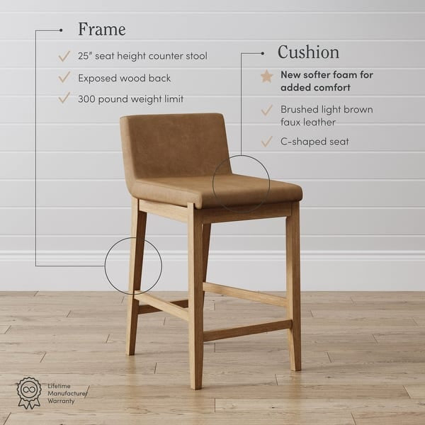 Barstool Set of 2 - 24” Gracie Modern Upholstered and Brushed Wooden Legs - Light Brown