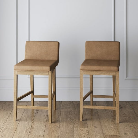 Barstool Set of 2 - 24” Gracie Modern Upholstered and Brushed Wooden Legs - Light Brown