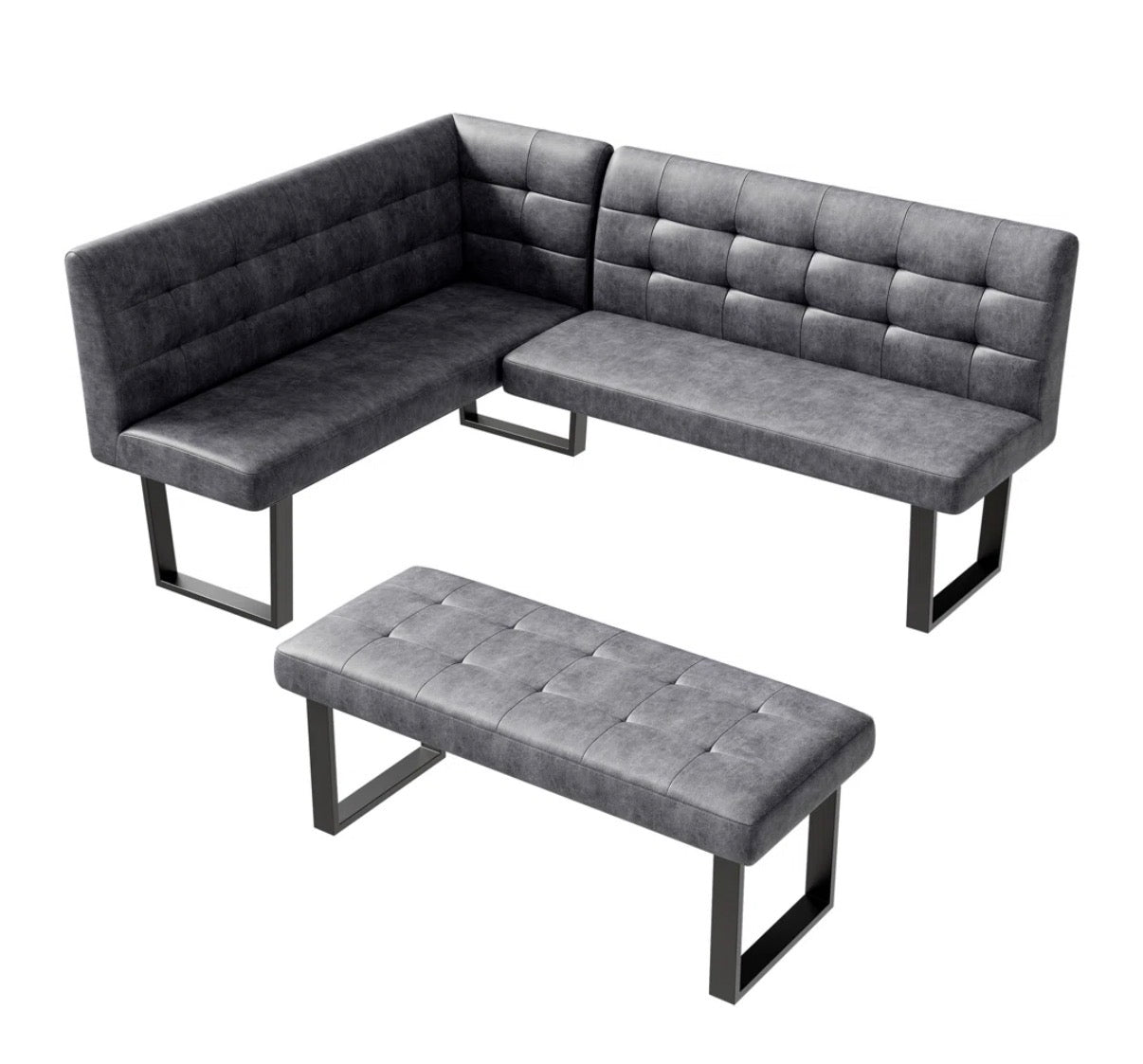 Dining Bench Set - 2 Piece Modern Dark Gray Faux Leather Corner Bench and Backless Bench Set