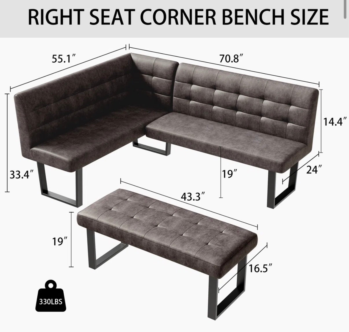 Dining Bench Set - 2 Piece Modern Dark Gray Faux Leather Corner Bench and Backless Bench Set
